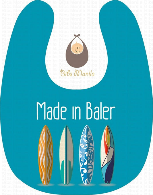 Made in Baler Blue Background with Surfboards Personalized Baby Bib