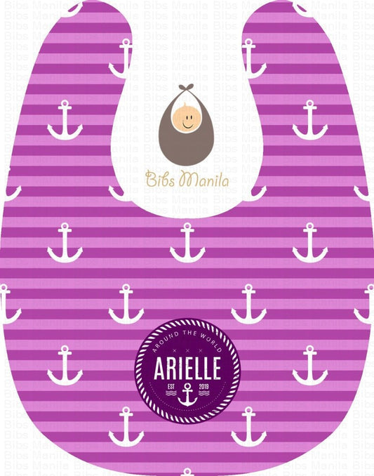 sea captainess with violet stripes and white anchor Personalized Baby Bib